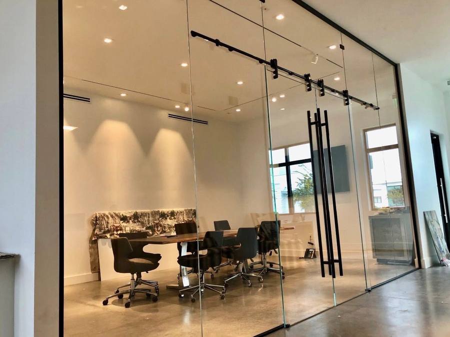 Black-framed glass conference room
