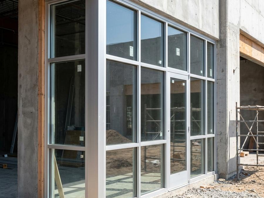 Clear anodized aluminum ES Windows storefront system under construction