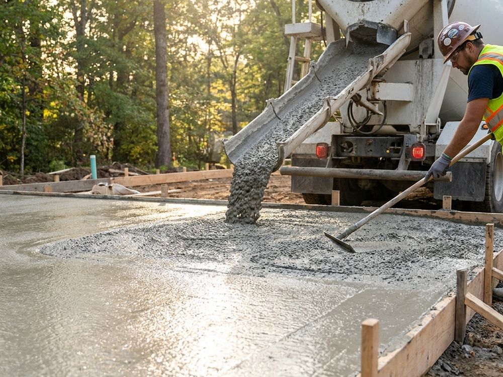 Concrete mixer truck delivering pour on-site with finisher screeding