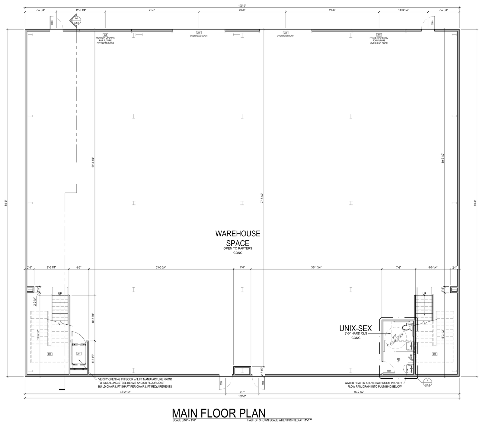 Main floor plan showing the open warehouse and fabrication space with overhead doors