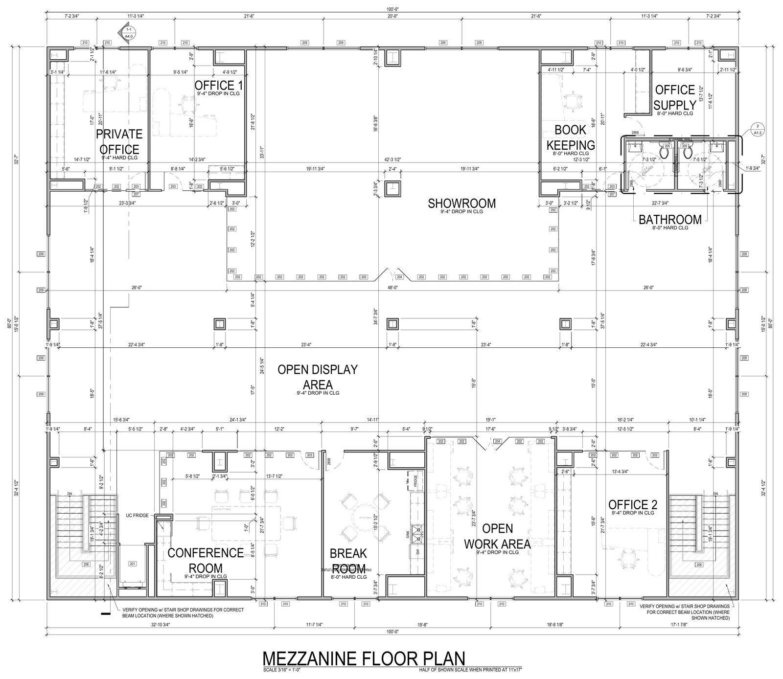 Mezzanine floor plan showing the showroom, open display area, offices, conference room, and work areas