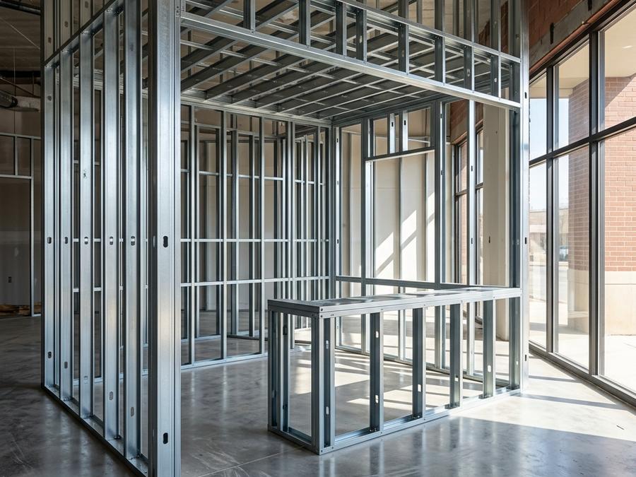 Light gauge steel partition framing being assembled on site
